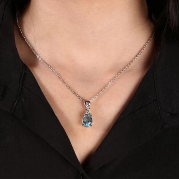 AQUAMARINE 925 STERLING SILVER DIAMOND NECKLACE, NICE NECKLACE, CUTE NECKLACE - Picture 3 of 6